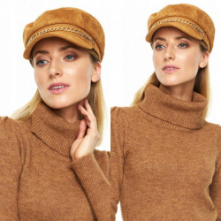 KASZKIET BERET CZAPKA złoty łańcuch zamsz camel