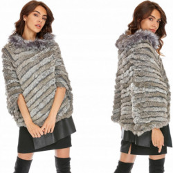 PONCHO PONCZO naturalne futro królik+jenot szarość