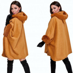 PONCHO PONCZO futro alpaka kaptur camel