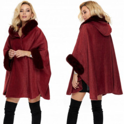 PONCHO PONCZO futro alpaka kaptur bordo