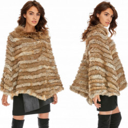 PONCHO PONCZO naturalne futro królik+jenot beż